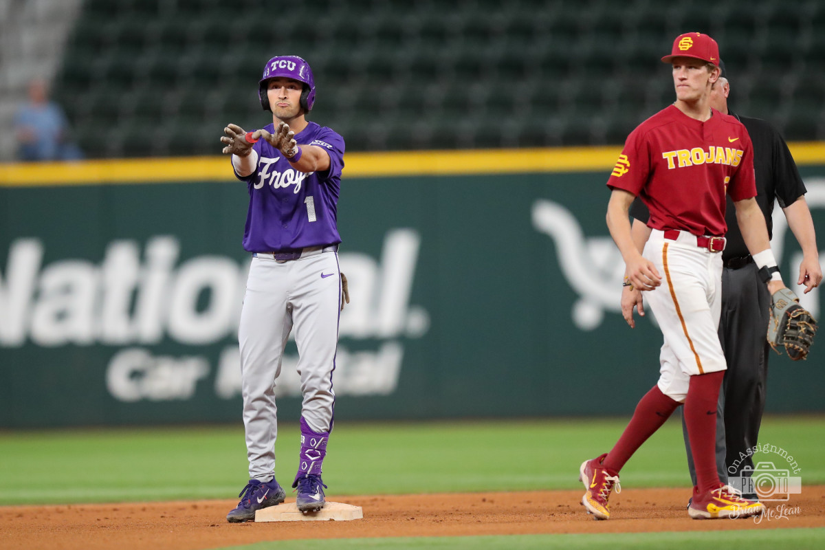 Peyton Chatagnier (1) stands at second base after a leadoff double.